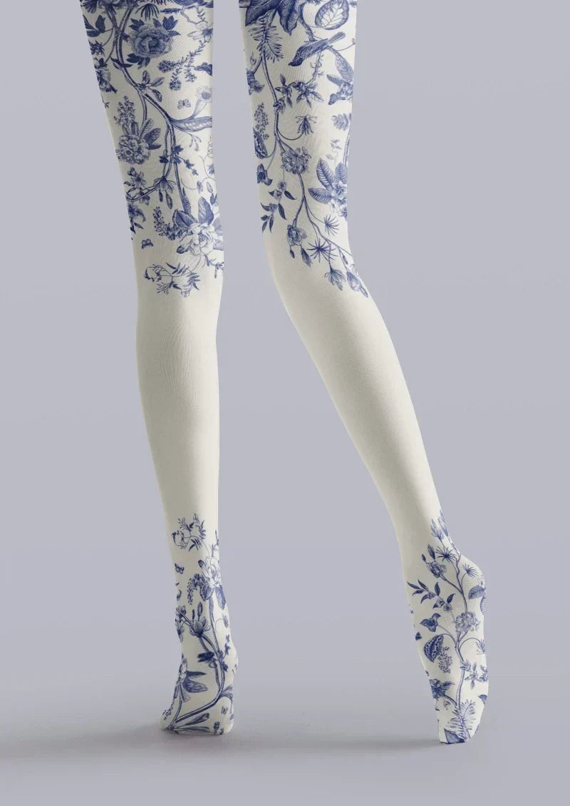 Viken Plan Blue White Porcelain Floral Tights Hosiery Pantyhose