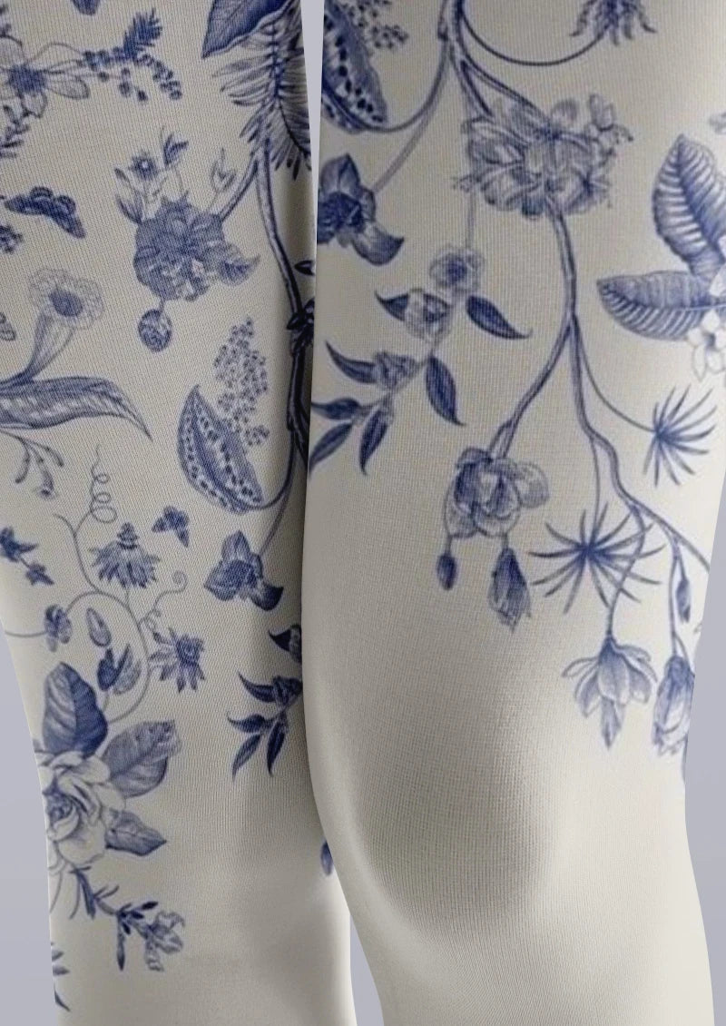 Viken Plan Blue White Porcelain Floral Tights Hosiery Pantyhose
