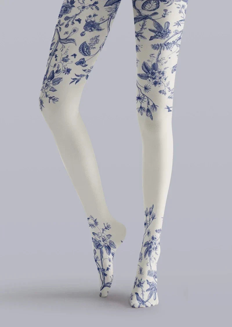 Viken Plan Blue White Porcelain Floral Tights Hosiery Pantyhose
