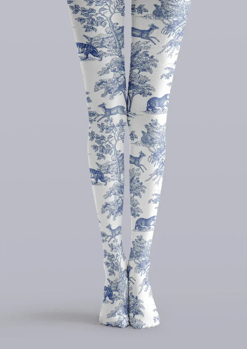 Viken Plan Blue White Porcelain Floral Tights Hosiery Pantyhose