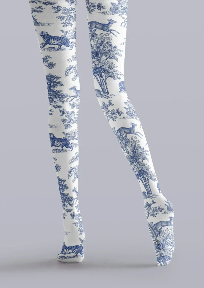 Viken Plan Blue White Porcelain Floral Tights Hosiery Pantyhose