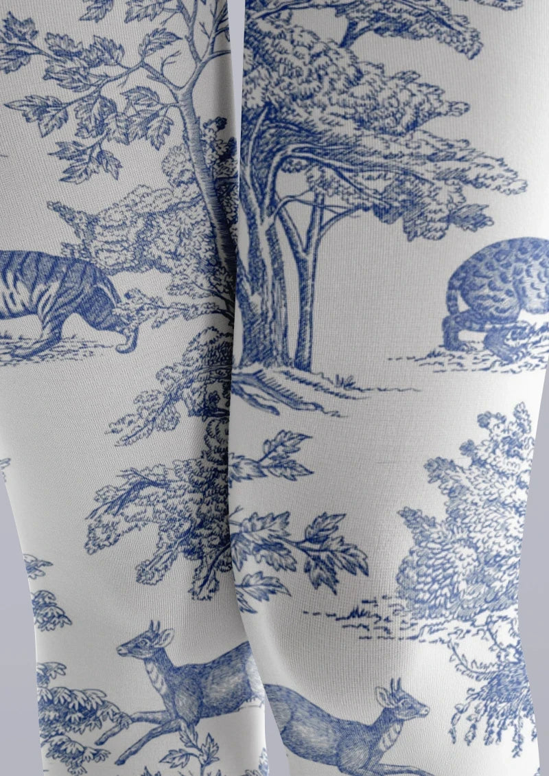Viken Plan Blue White Porcelain Floral Tights Hosiery Pantyhose