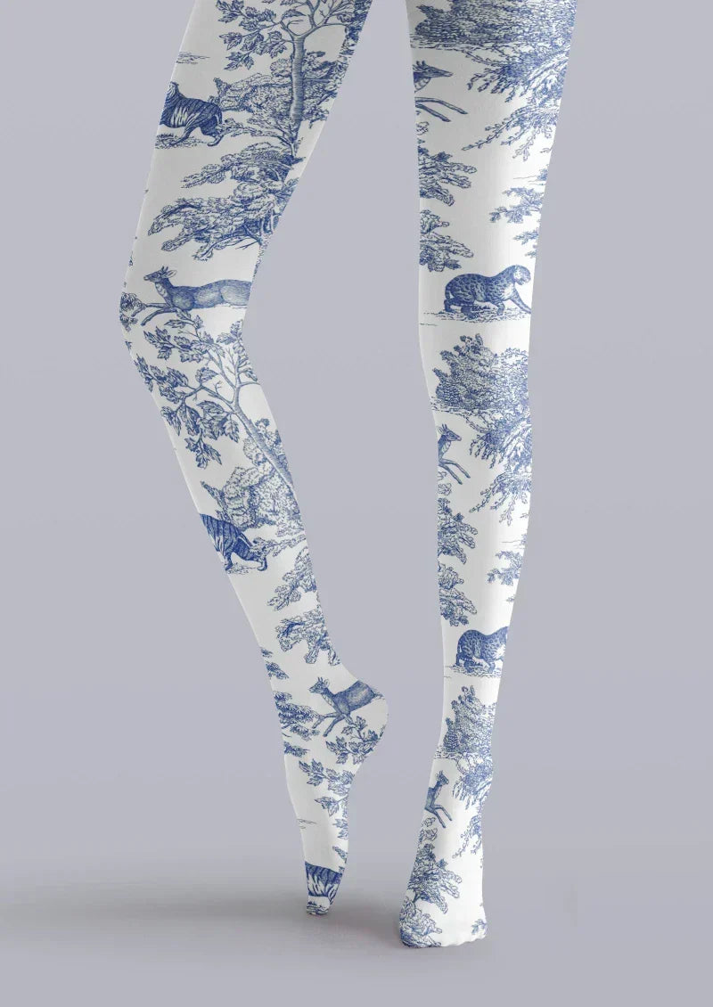 Viken Plan Blue White Porcelain Floral Tights Hosiery Pantyhose