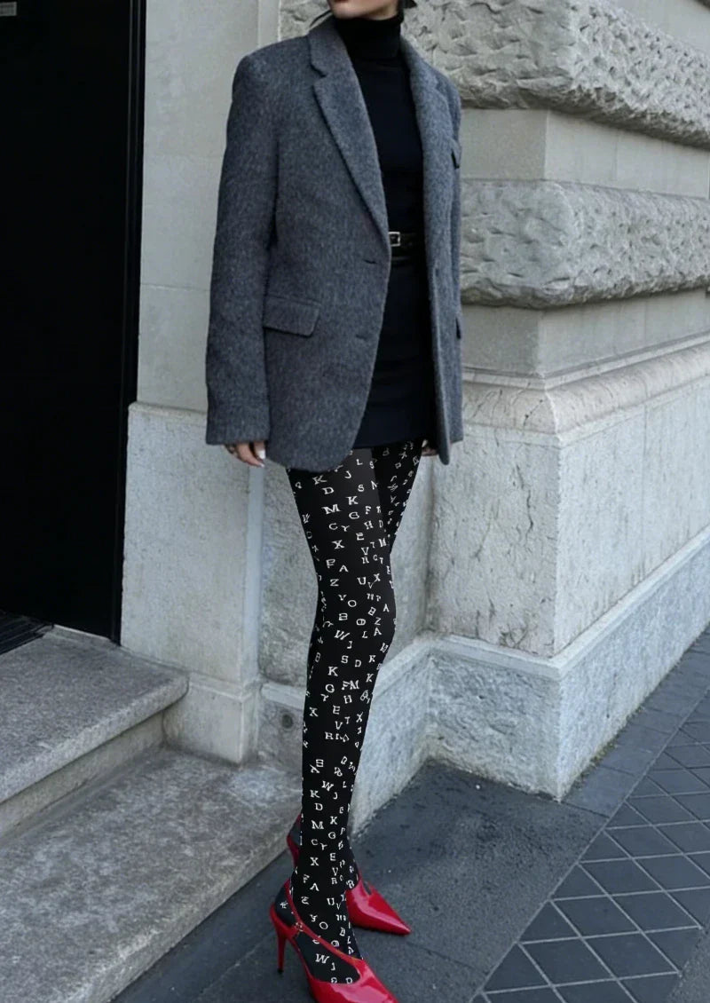 Viken Plan Black White Letter Graphic Tights Hosiery Pantyhose