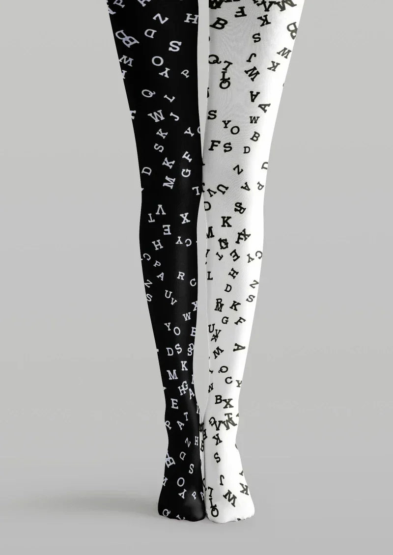 Viken Plan White Black Letter Graphic Tights Hosiery Pantyhose