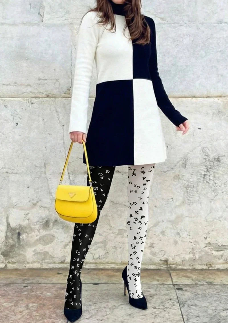 Viken Plan White Black Letter Graphic Tights Hosiery Pantyhose