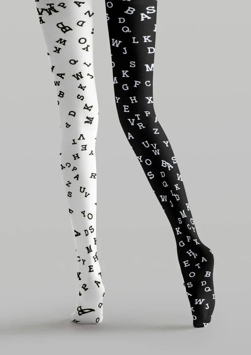 Viken Plan White Black Letter Graphic Tights Hosiery Pantyhose