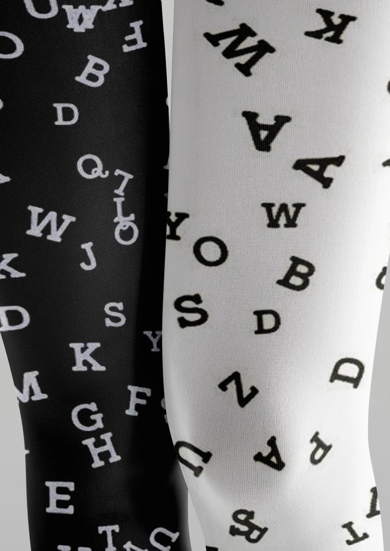 Viken Plan White Black Letter Graphic Tights Hosiery Pantyhose