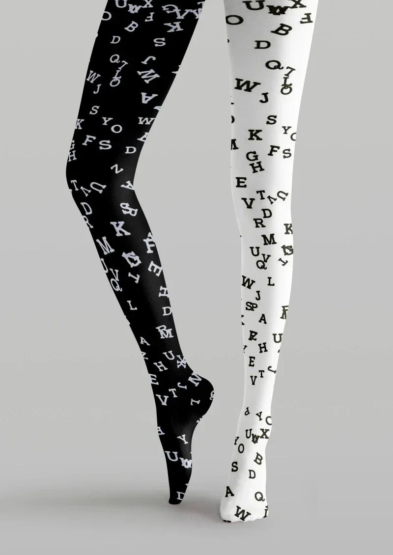 Viken Plan White Black Letter Graphic Tights Hosiery Pantyhose