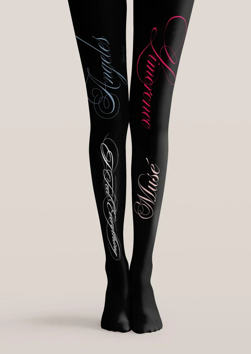 Viken Plan Black White Handwritten Text Tights Hosiery Pantyhose