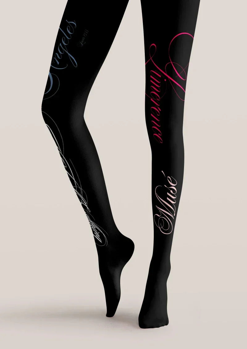 Viken Plan Black White Handwritten Text Tights Hosiery Pantyhose