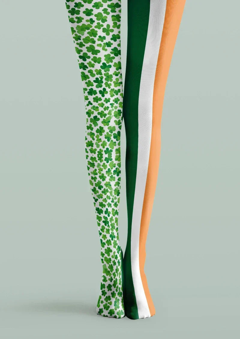 Viken Plan Green White Clover Striped Tights Hosiery Pantyhose