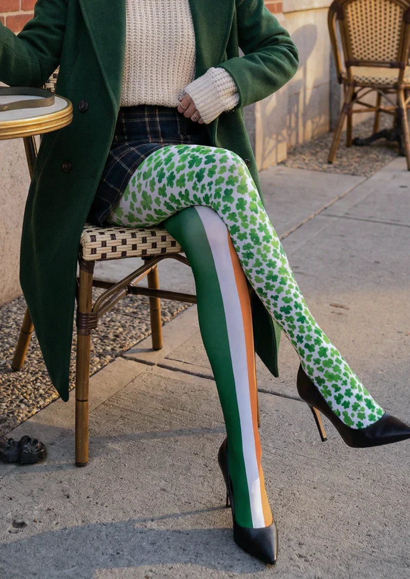 Viken Plan Green White Clover Striped Tights Hosiery Pantyhose
