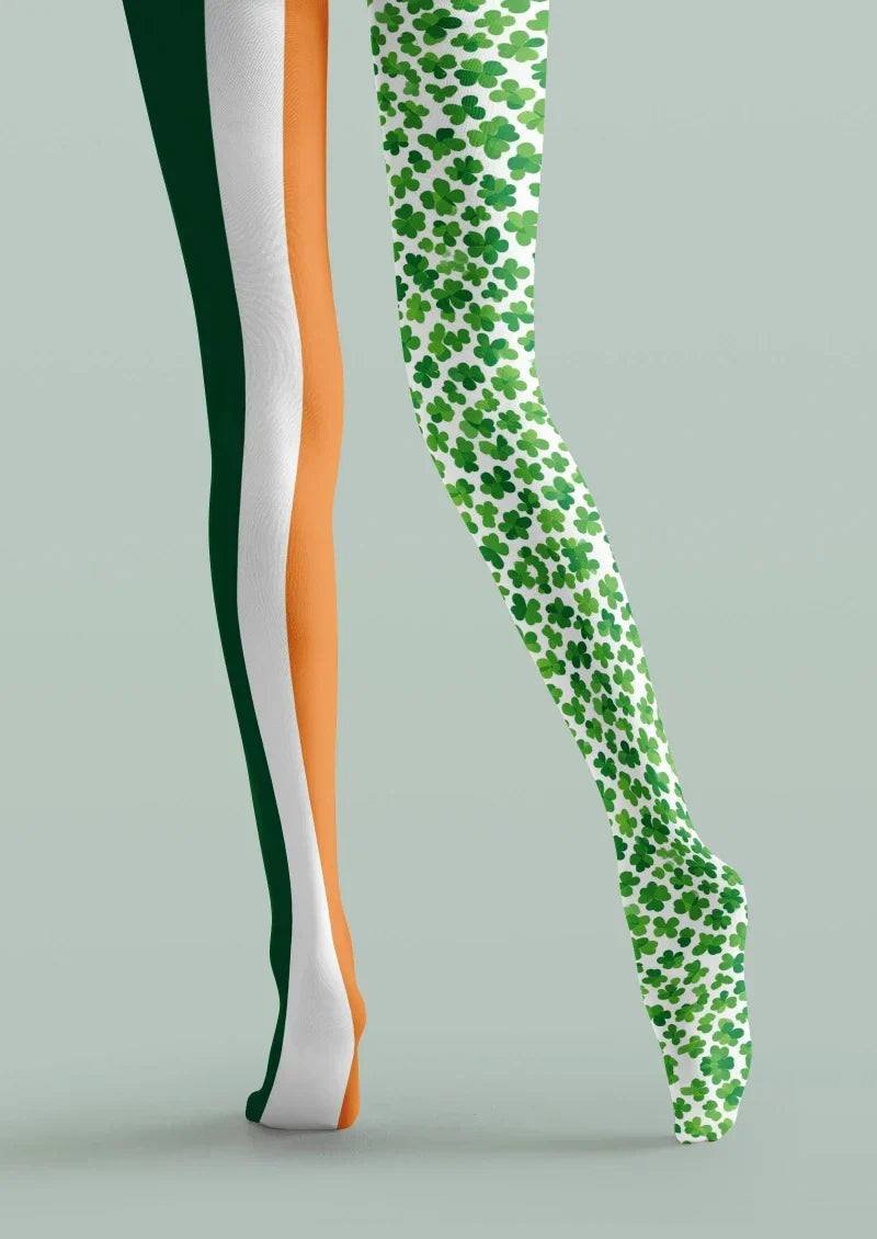 Viken Plan Green White Clover Striped Tights Hosiery Pantyhose