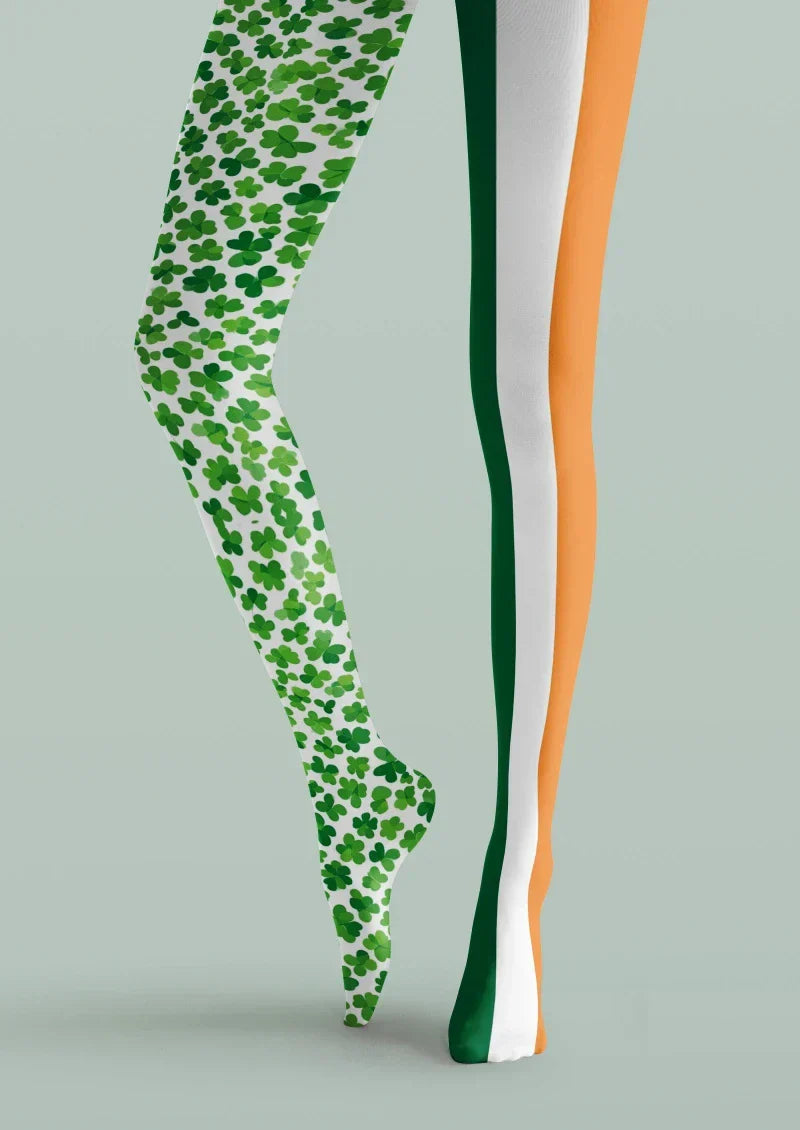 Viken Plan Green White Clover Striped Tights Hosiery Pantyhose