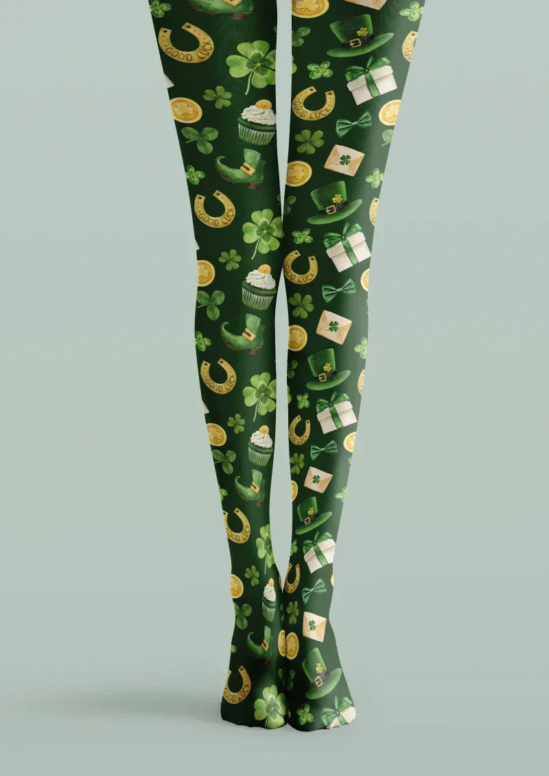 Viken Plan Green Gold Clover Graphic Tights Hosiery Pantyhose