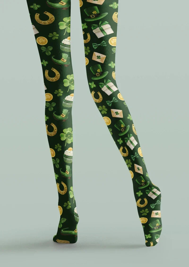Viken Plan Green Gold Clover Graphic Tights Hosiery Pantyhose