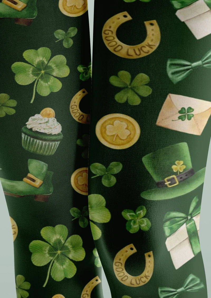 Viken Plan Green Gold Clover Graphic Tights Hosiery Pantyhose