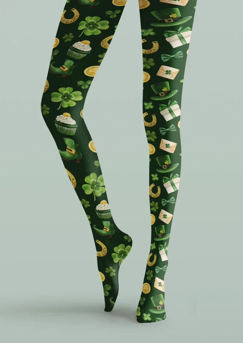 Viken Plan Green Gold Clover Graphic Tights Hosiery Pantyhose