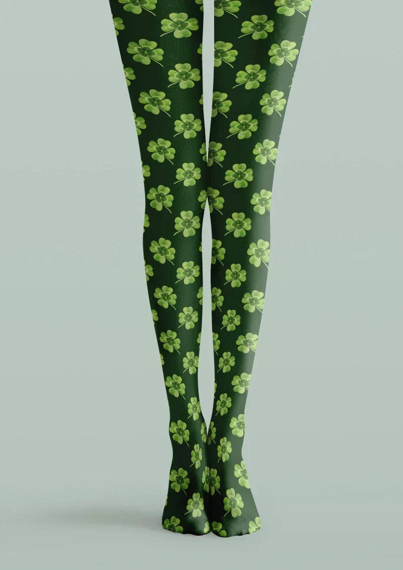 Viken Plan Green White Clover Graphic Tights Hosiery Pantyhose