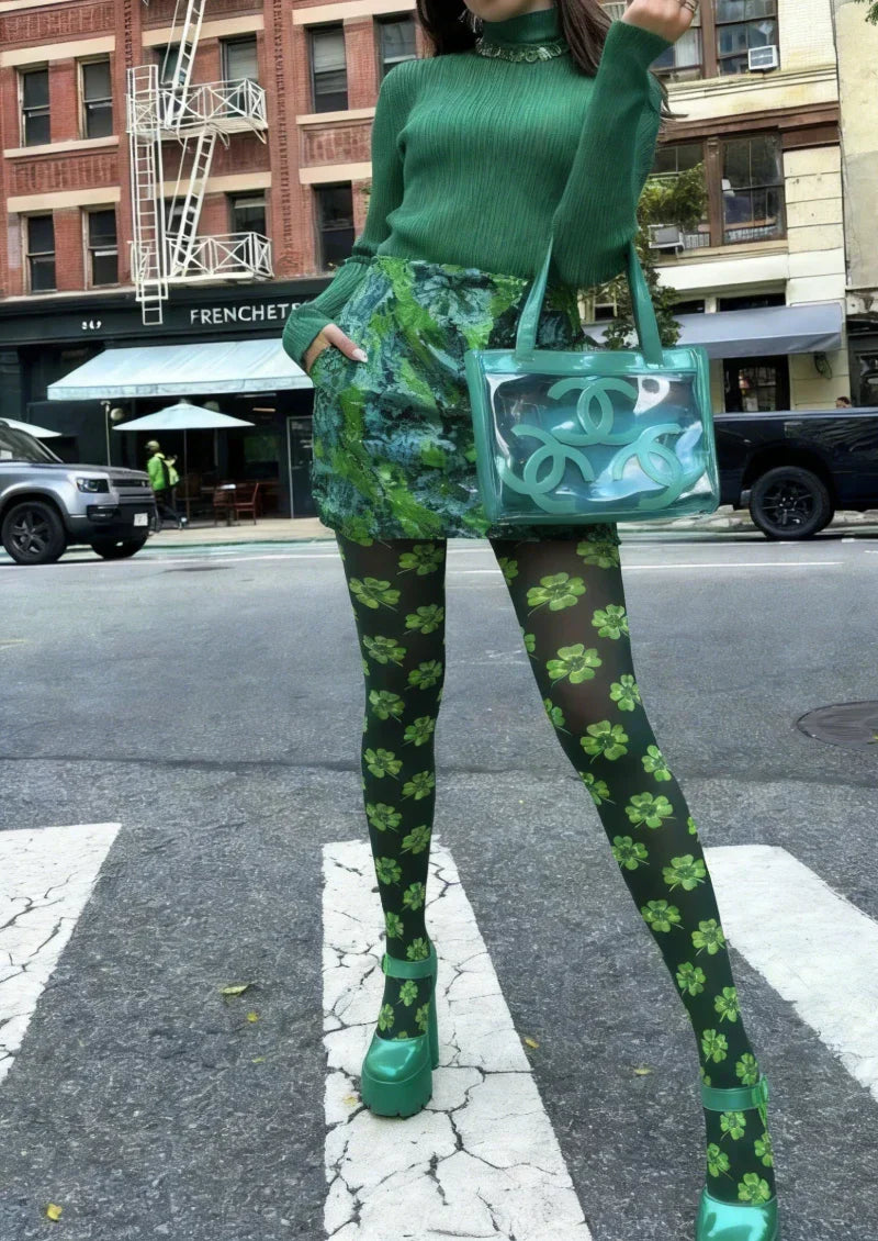 Viken Plan Green White Clover Graphic Tights Hosiery Pantyhose