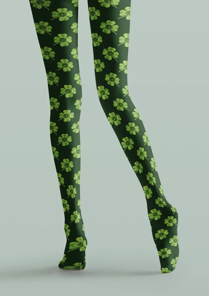 Viken Plan Green White Clover Graphic Tights Hosiery Pantyhose