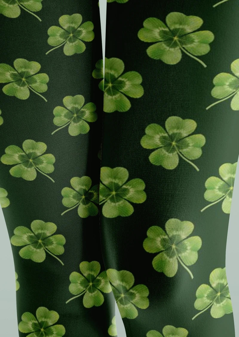 Viken Plan Green White Clover Graphic Tights Hosiery Pantyhose