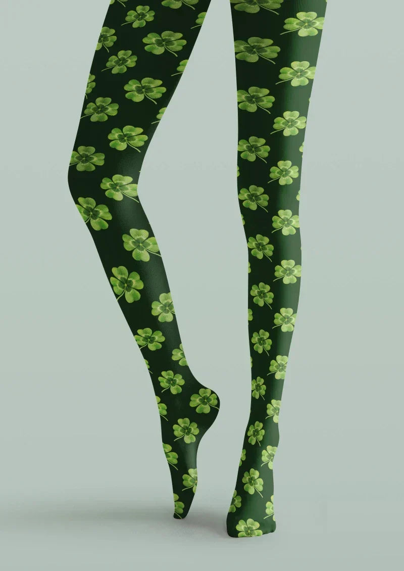Viken Plan Green White Clover Graphic Tights Hosiery Pantyhose