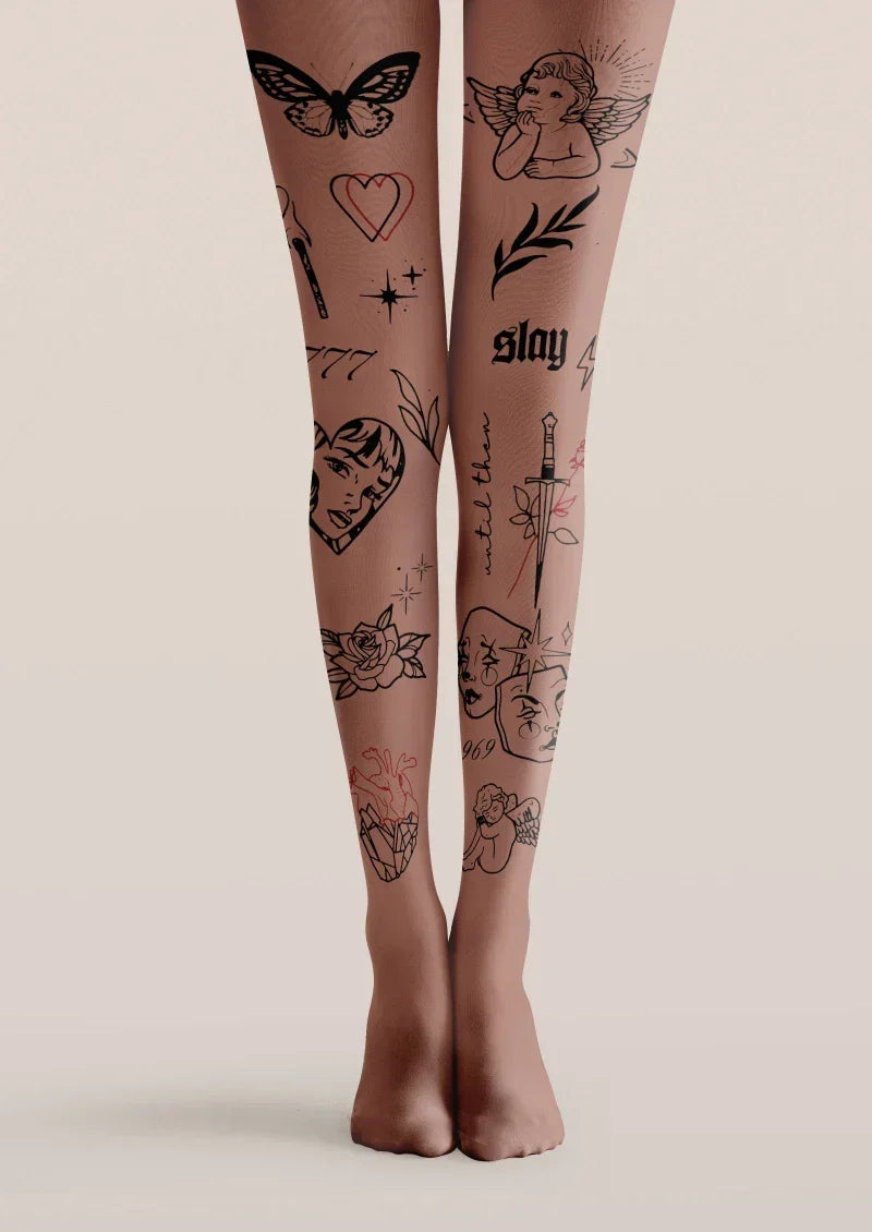 Viken Plan Brown Tattoo Graphic Tights Hosiery Pantyhose