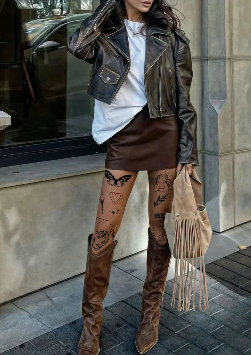 Viken Plan Brown Tattoo Graphic Tights Hosiery Pantyhose
