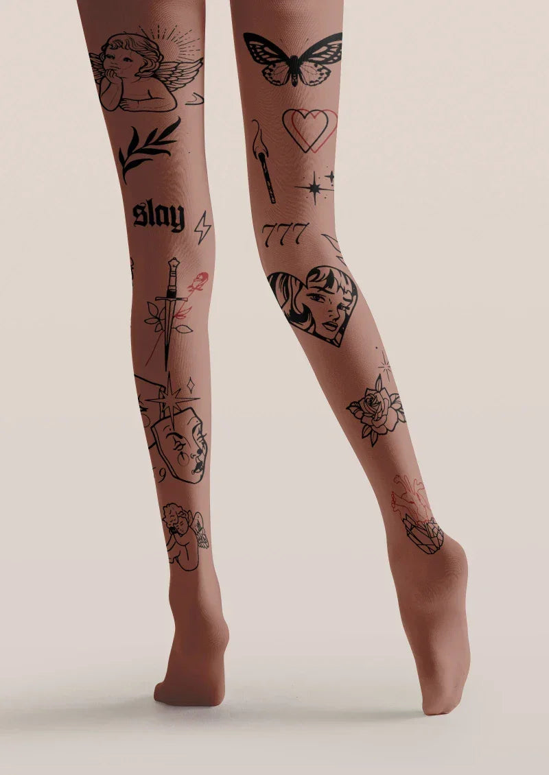 Viken Plan Brown Tattoo Graphic Tights Hosiery Pantyhose