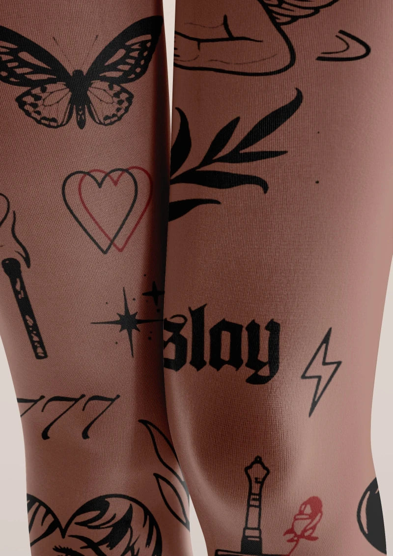Viken Plan Brown Tattoo Graphic Tights Hosiery Pantyhose
