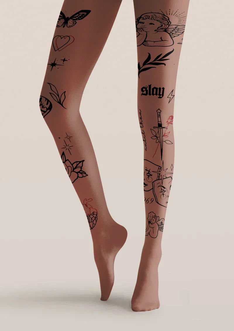 Viken Plan Brown Tattoo Graphic Tights Hosiery Pantyhose