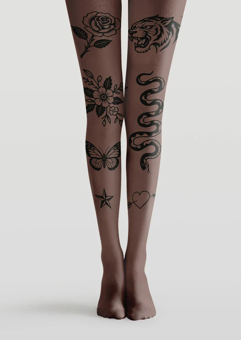 Viken Plan Brown Floral Tattoo Graphic Tights Hosiery Pantyhose