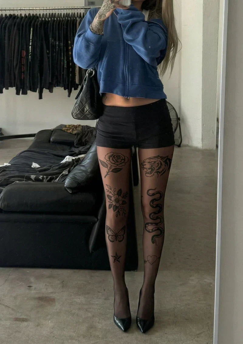 Viken Plan Brown Floral Tattoo Graphic Tights Hosiery Pantyhose