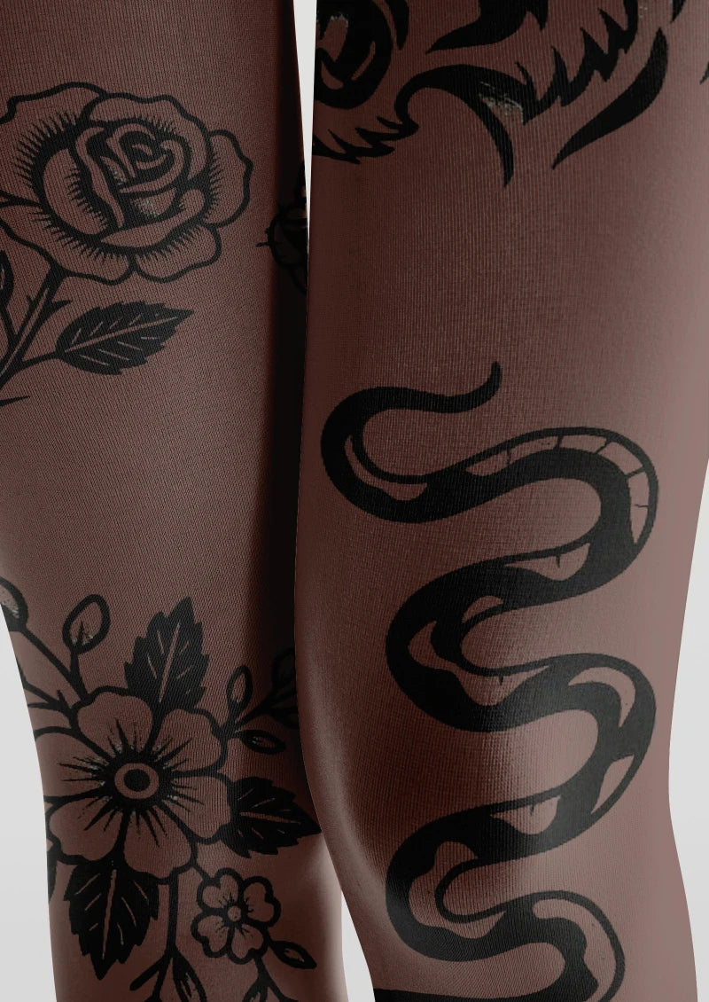 Viken Plan Brown Floral Tattoo Graphic Tights Hosiery Pantyhose