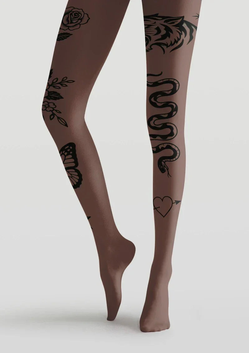 Viken Plan Brown Floral Tattoo Graphic Tights Hosiery Pantyhose