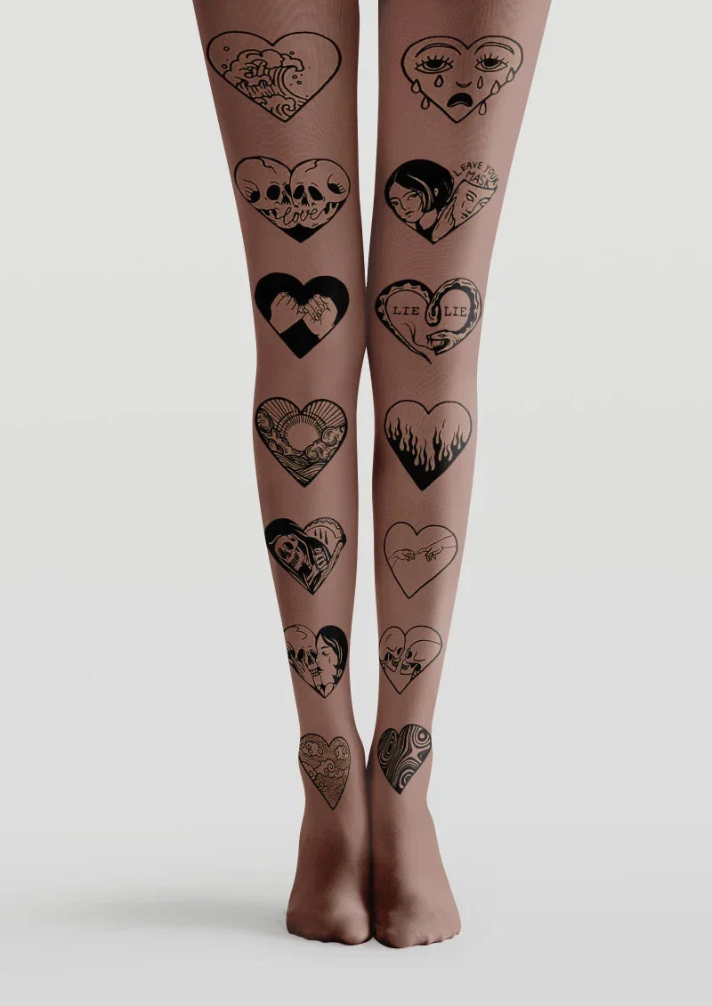Viken Plan Brown Heart Tattoo Graphic Tights Hosiery Pantyhose