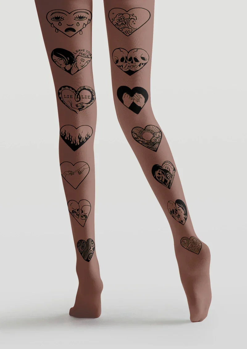 Viken Plan Brown Heart Tattoo Graphic Tights Hosiery Pantyhose