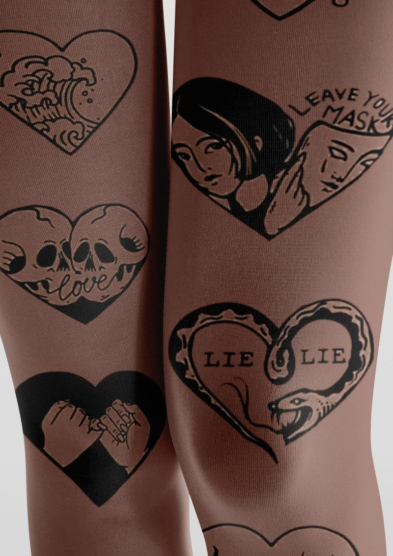 Viken Plan Brown Heart Tattoo Graphic Tights Hosiery Pantyhose