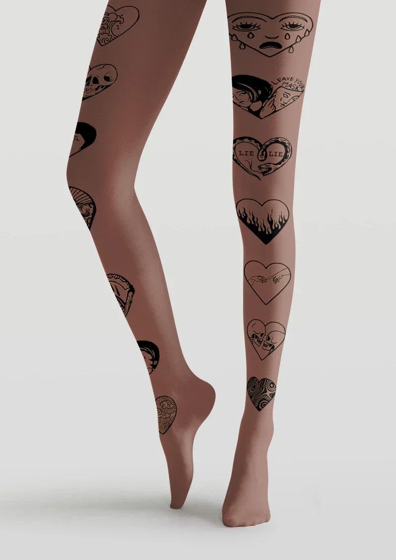 Viken Plan Brown Heart Tattoo Graphic Tights Hosiery Pantyhose