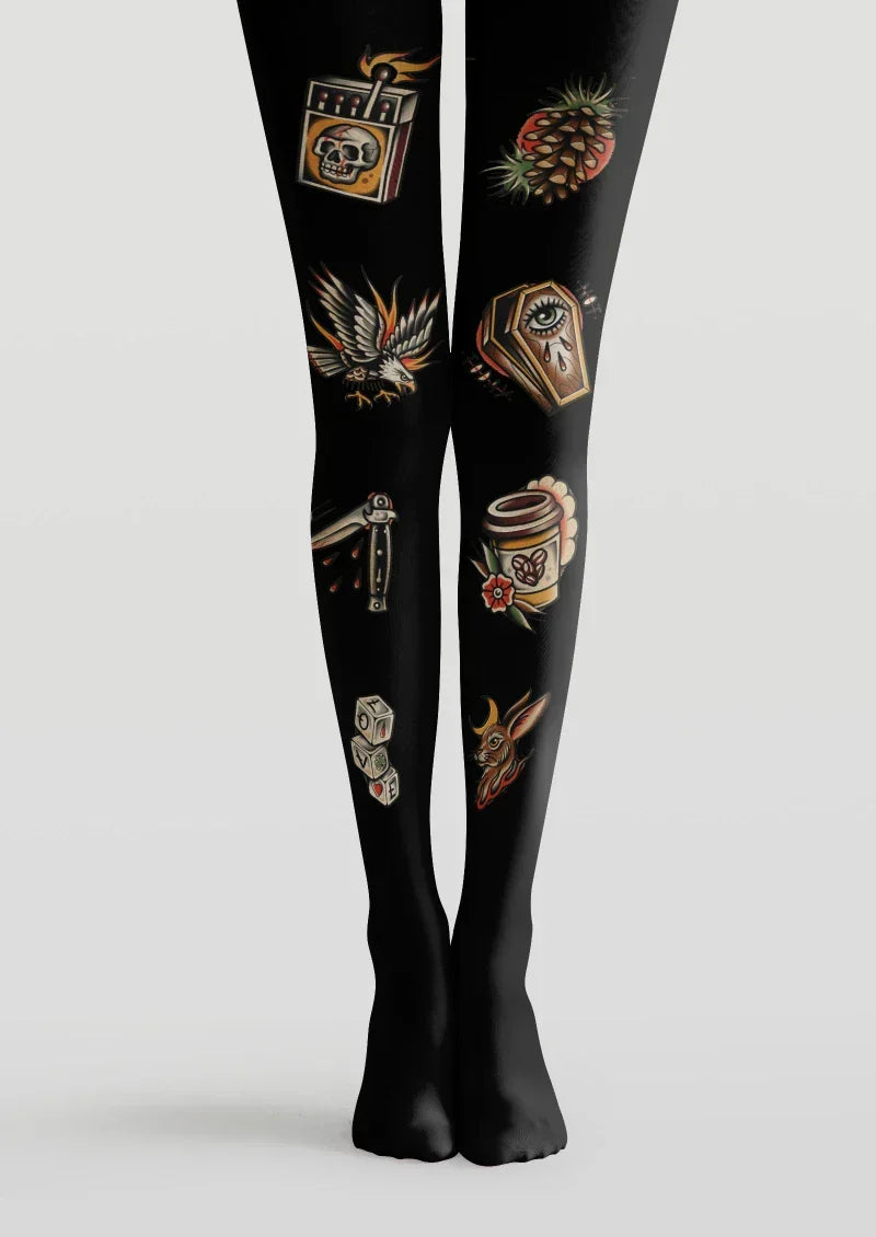 Viken Plan Black Gold Tattoo Graphic Tights Hosiery Pantyhose