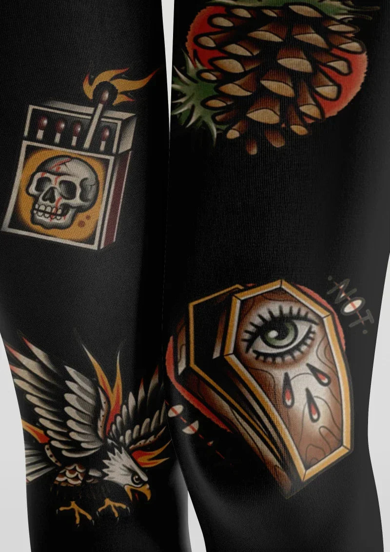 Viken Plan Black Gold Tattoo Graphic Tights Hosiery Pantyhose