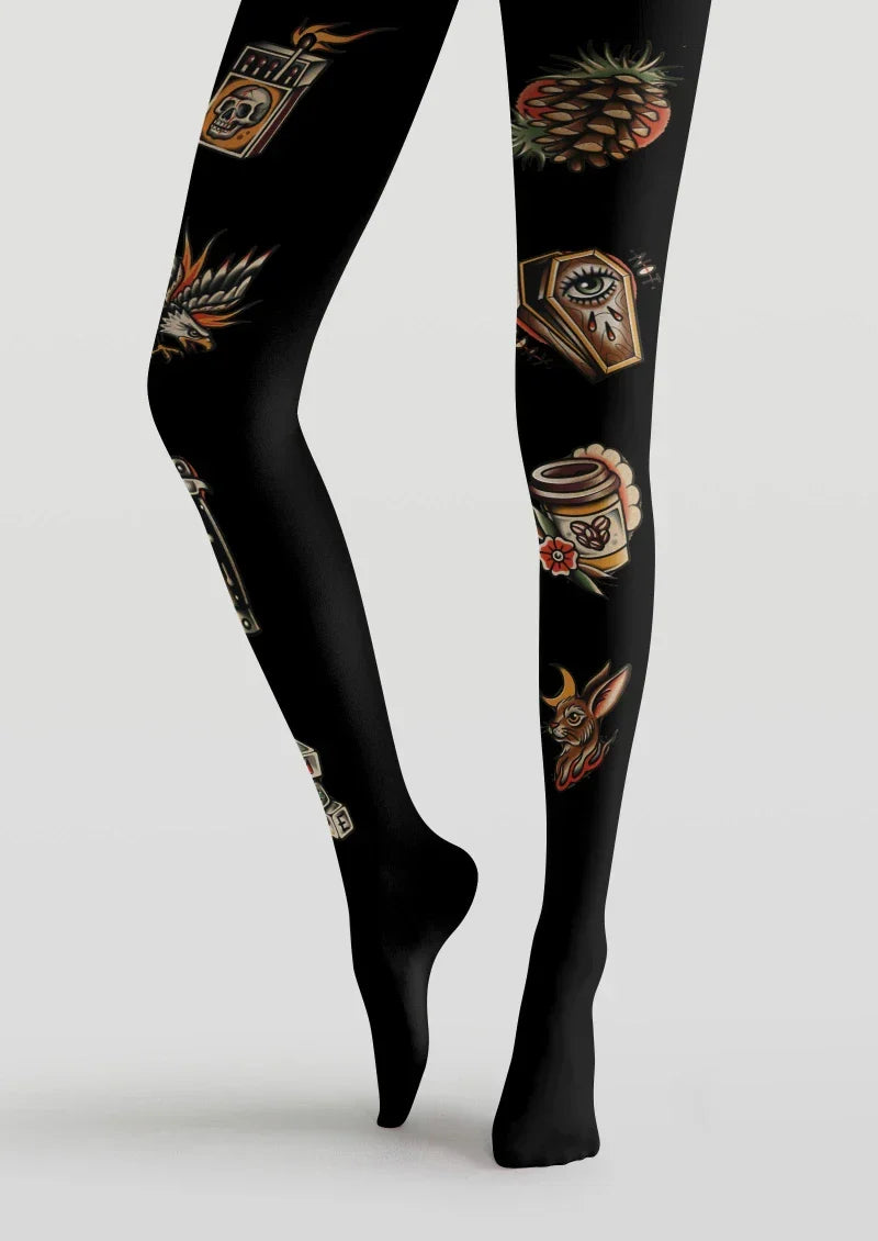Viken Plan Black Gold Tattoo Graphic Tights Hosiery Pantyhose