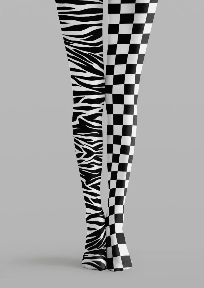 Viken Plan Black White Checkerboard Plaid Tights Hosiery Pantyhose