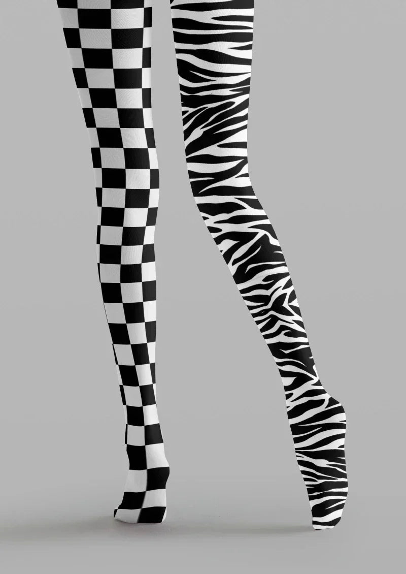 Viken Plan Black White Checkerboard Plaid Tights Hosiery Pantyhose