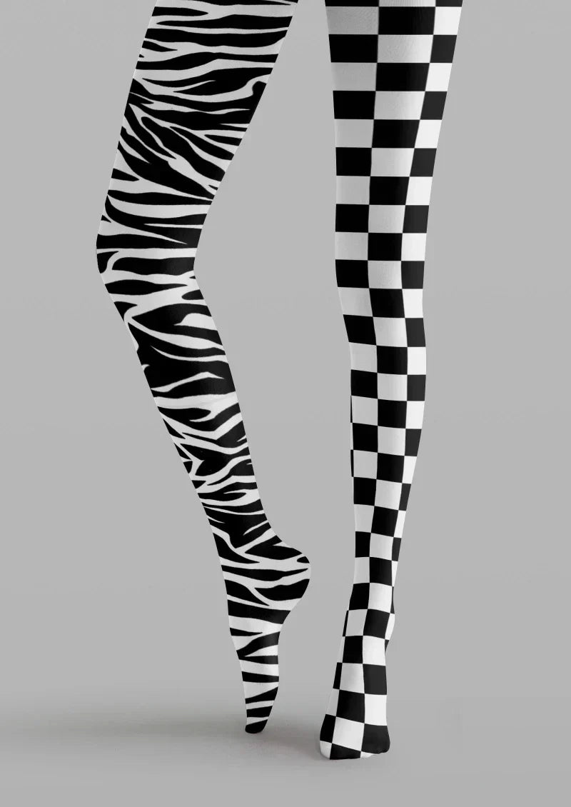 Viken Plan Black White Checkerboard Plaid Tights Hosiery Pantyhose