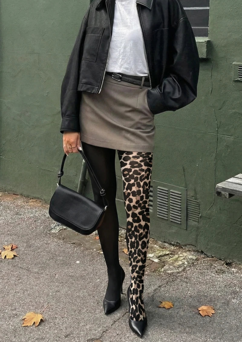 Viken Plan Black Leopard Print Tights Hosiery Pantyhose