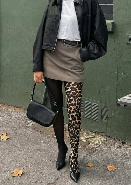 Viken Plan Black Leopard Print Tights Hosiery Pantyhose