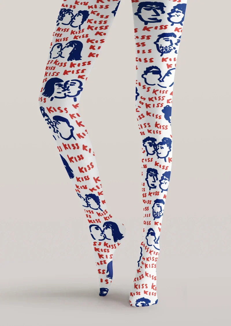 Viken Plan White Blue Red Cartoon Graphic Tights Hosiery Pantyhose
